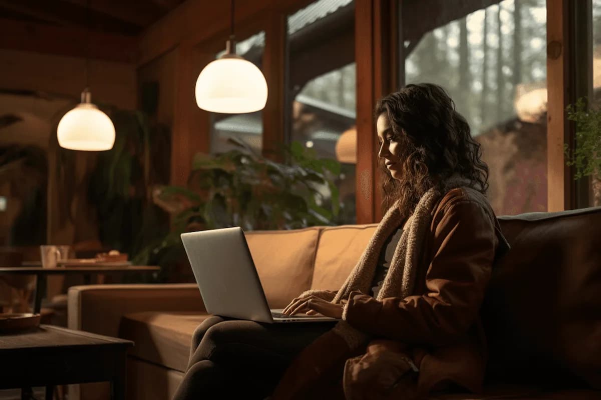 Una mujer trabaja con su notebook en el sillón de un café