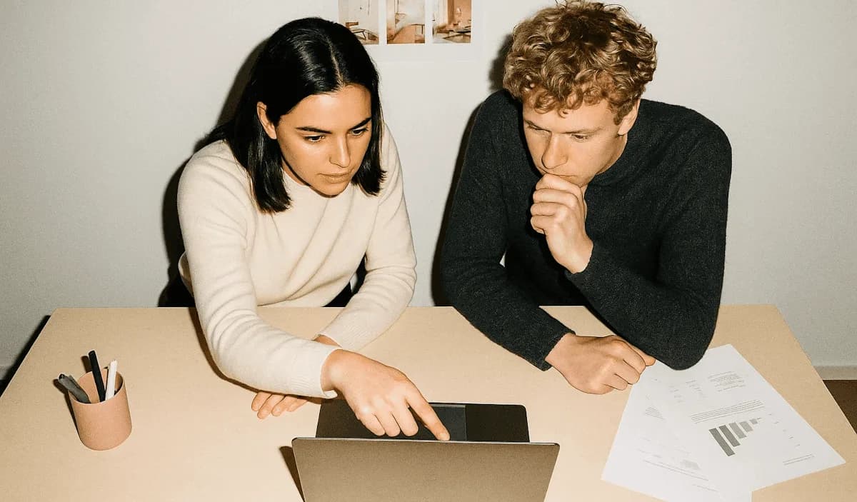 Dos personas revisan juntas una tablet apoyada sobre un escritorio