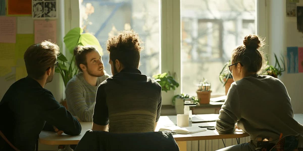 Un grupo de personas conversa alrededor de una mesa en una oficina luminosa