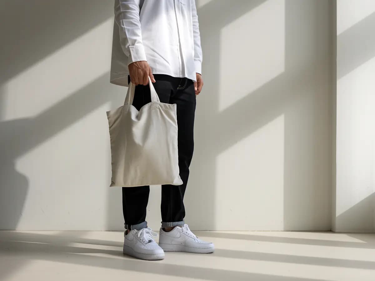 Una persona de pie contra una pared soleada sostiene una bolsa de tela de una tienda