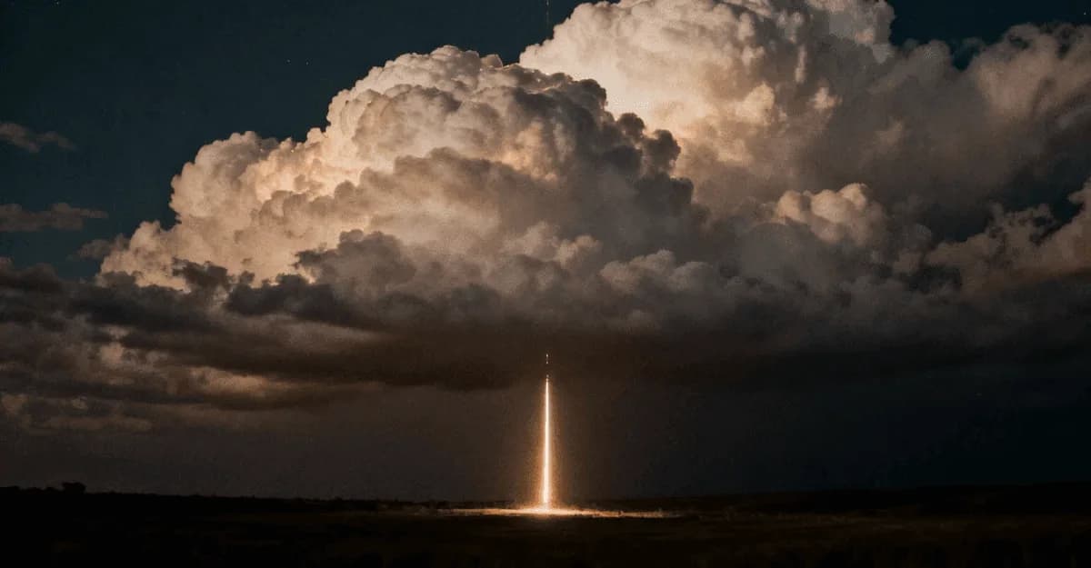 Un cohete despegando al anochecer debajo de una nube enorme