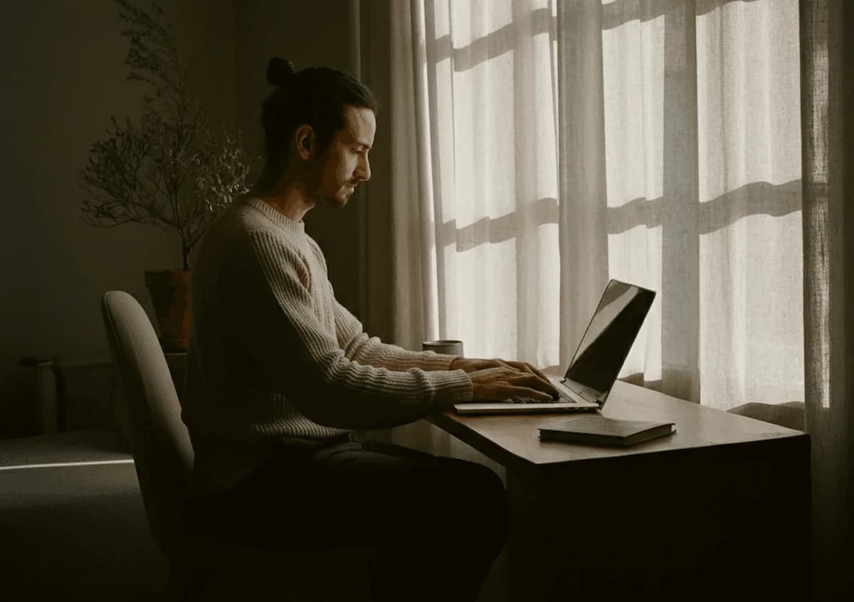 Una persona trabaja frente a su notebook junto a una ventana con cortinas