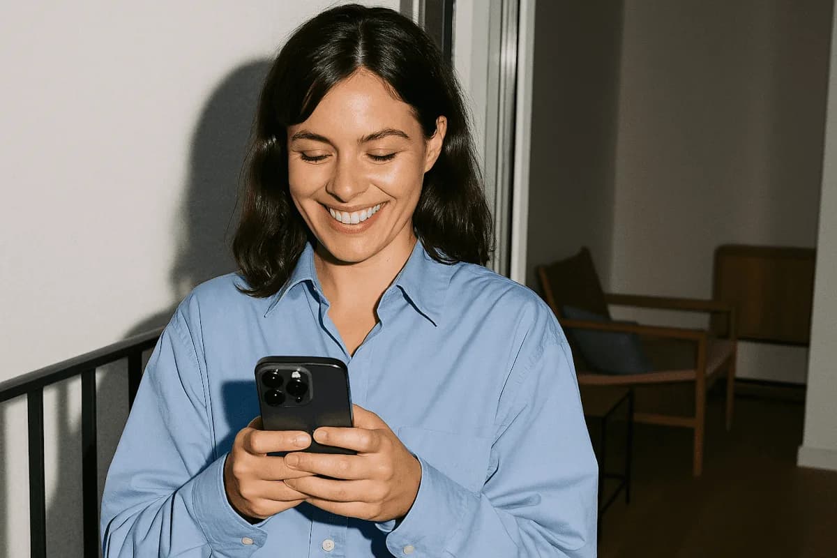 Una mujer con camisa celeste sonríe mirando su teléfono junto a una ventana
