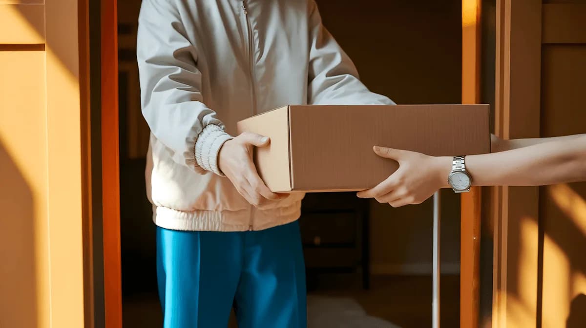 Dos personas se pasan una caja de cartón en la puerta de una casa