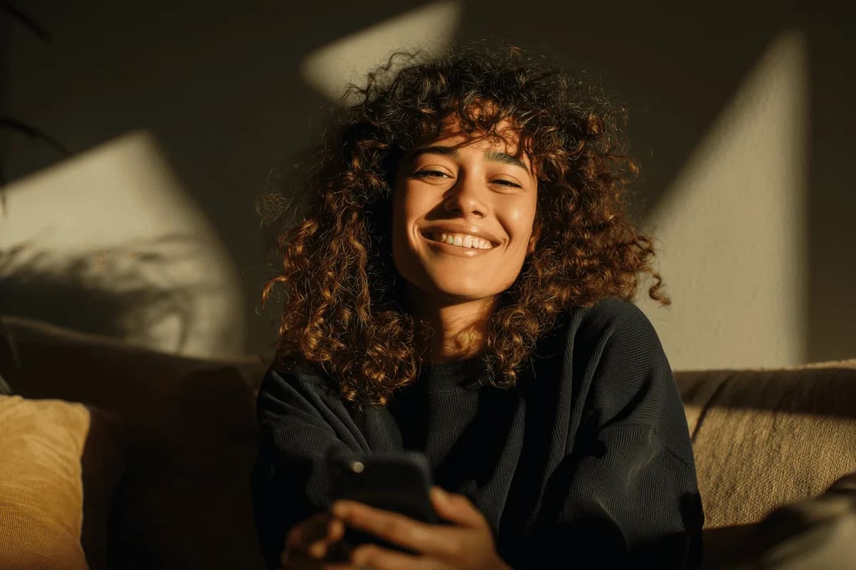 Una mujer sentada en un sillón revisa su teléfono con la luz de la ventana de fondo