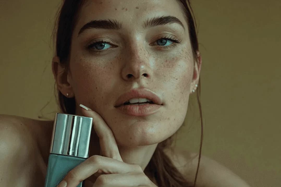 Una mujer sostiene un producto de skincare a la altura del rostro