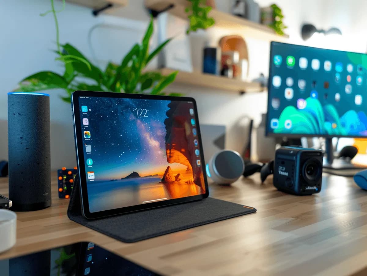Un escritorio con una tablet, un monitor y accesorios de tecnología