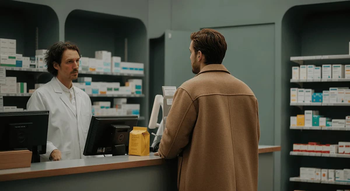 Un cliente atendido en el mostrador de una farmacia, con los estantes de fondo