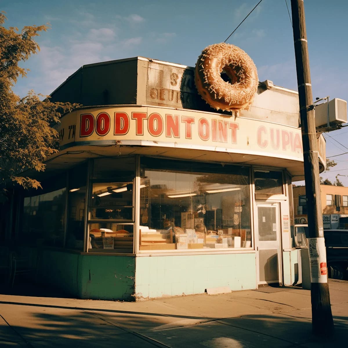 El local de una casa de donas en una esquina, con su cartel sobre el techo