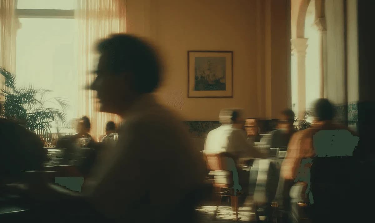 El salón de un restaurante con un mozo cruzando en movimiento