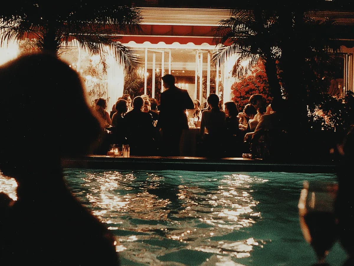 La pileta iluminada de un hotel de noche, con huéspedes alrededor