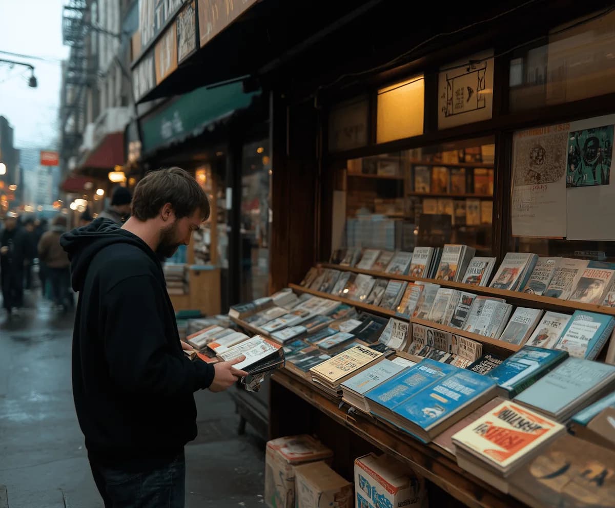 Un hombre mira libros usados en un puesto de la calle