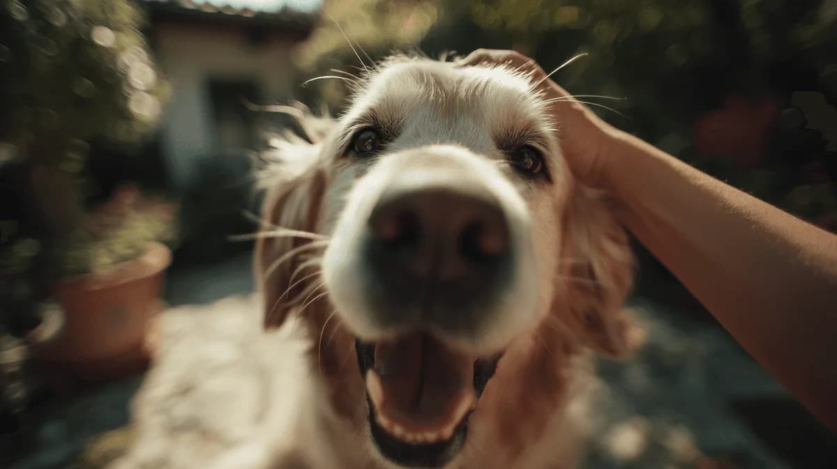Un perro golden retriever recibe una caricia en el jardín