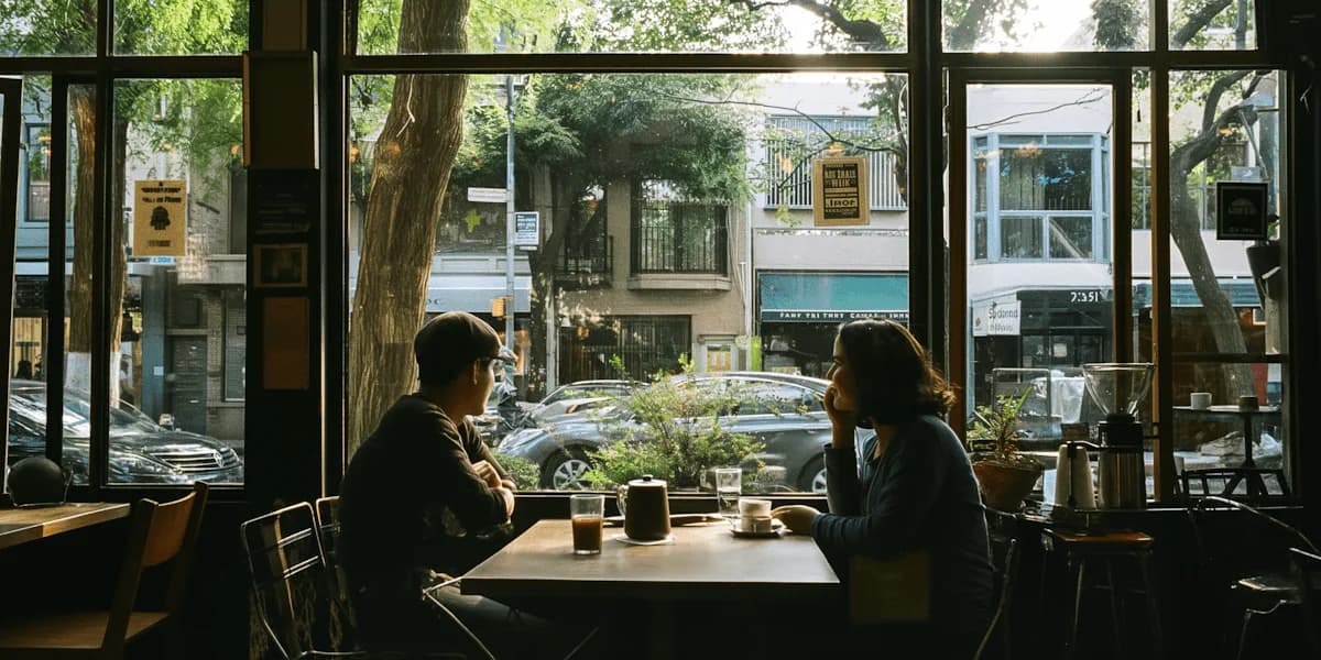 Dos personas sentadas junto al ventanal de un bar, vistas desde la vereda
