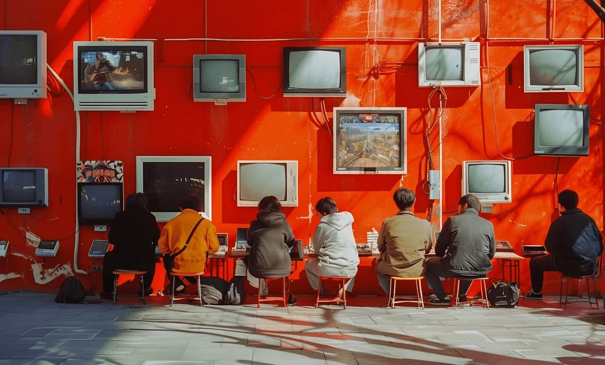 Personas sentadas frente a una pared roja cubierta de televisores viejos
