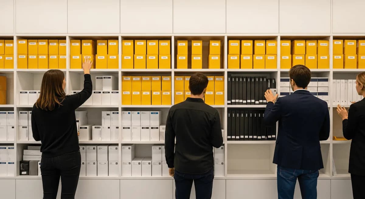 Varias personas frente a una pared de archivos amarillos ordenados en estantes