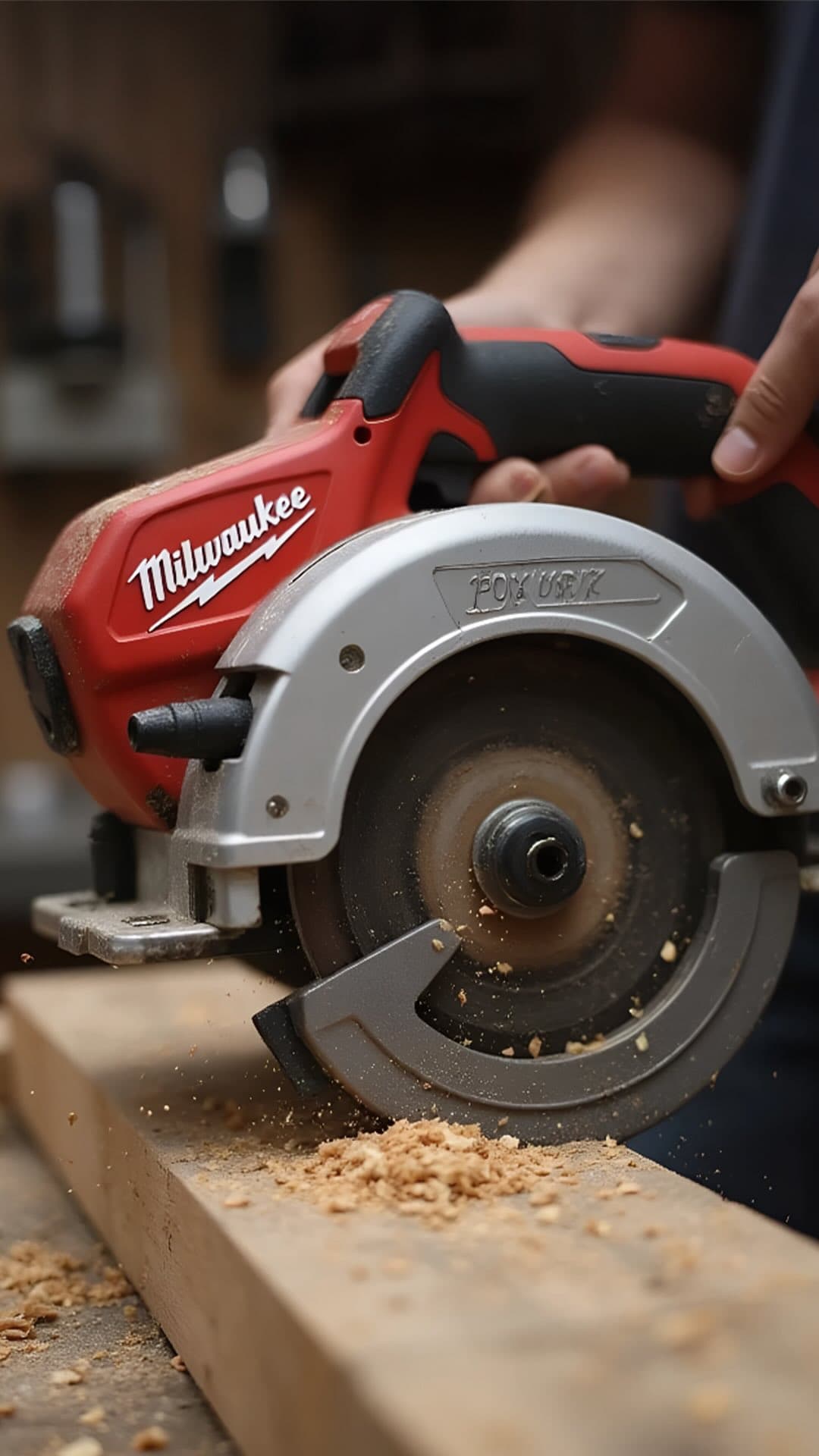 Una sierra circular Milwaukee cortando una tabla de madera.