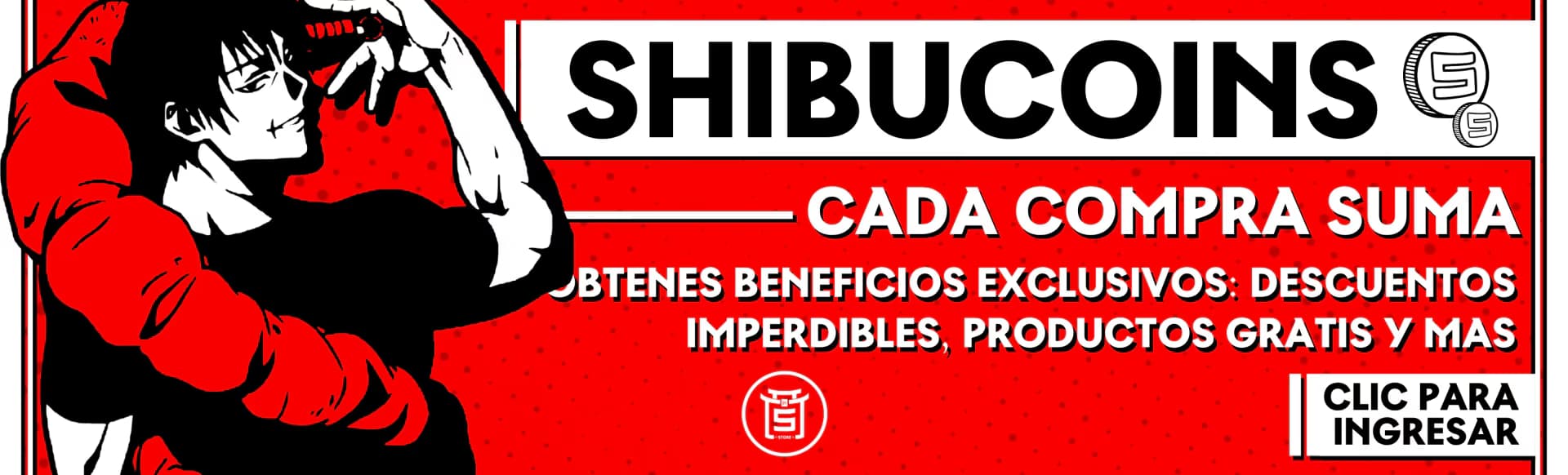 Banner del programa Shibucoins en la tienda de Shibuya Comic Store: cada compra suma puntos que se canjean por descuentos y productos gratis.